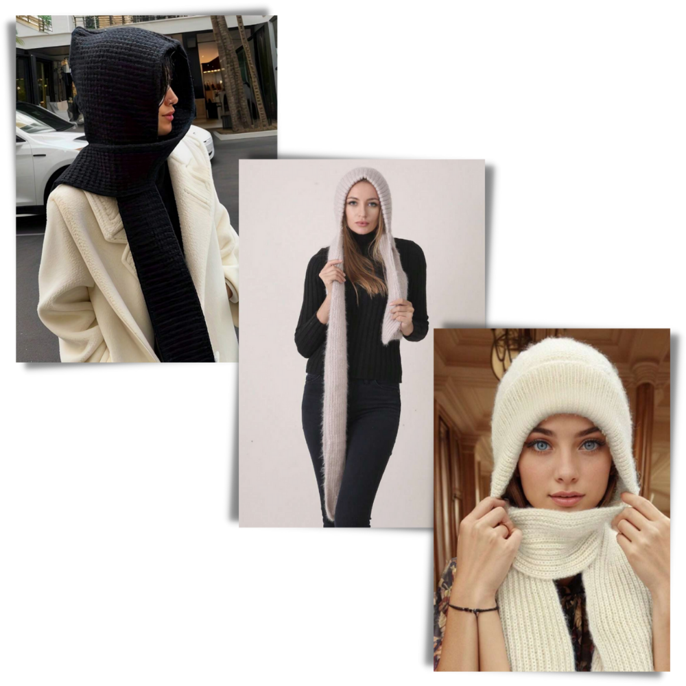 Windproof Knitted Hooded Hat with integrated Scarf and Ear Protection